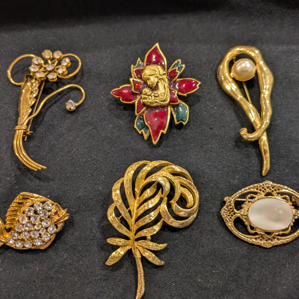 Vintage Gold Tone Brooch Collection with Nature-Inspired Designs Set Of 6
